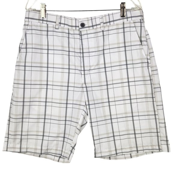 Ben Hogan Performance Shorts Size 34 White Gray Plaid Chino Golf Active Pockets - Picture 1 of 7
